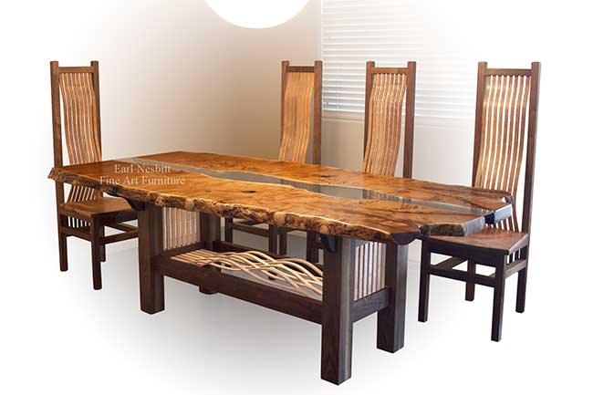 custom made mesquite live edge dining table with eight chairs